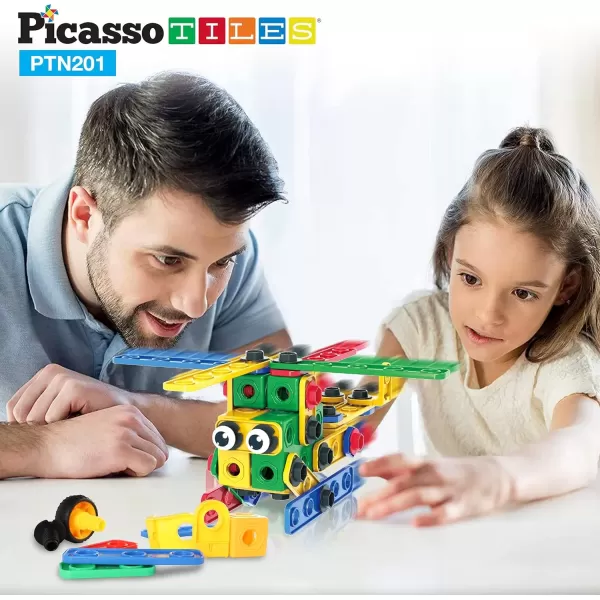 imagePicassoTiles 152 Pieces Building Block Set Kid Toy STEM Construction Sensory Toys Gifts Engineering Kit Educational wIdea Book Design Guide Storage Carry Box Power Drill Ratchet Age 3 PTN152201PC w Bin