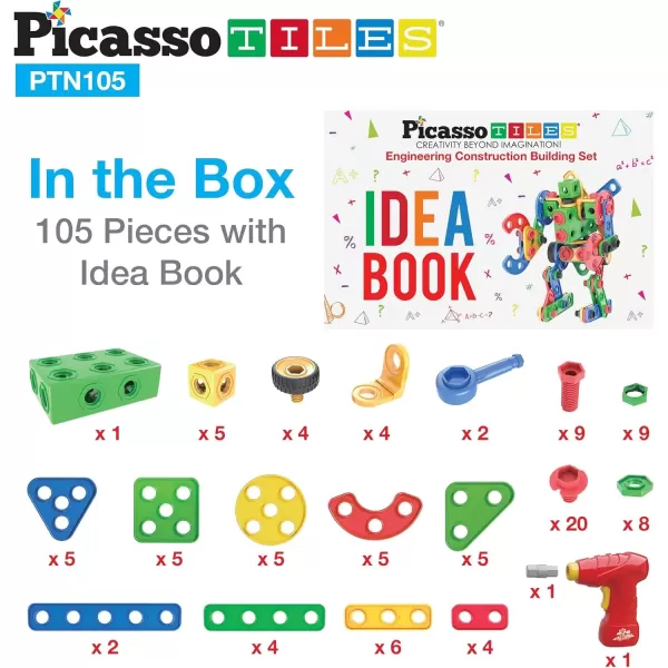 imagePicassoTiles 152 Pieces Building Block Set Kid Toy STEM Construction Sensory Toys Gifts Engineering Kit Educational wIdea Book Design Guide Storage Carry Box Power Drill Ratchet Age 3 PTN152105PC