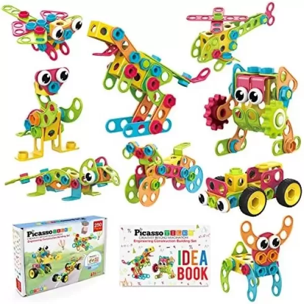 imagePicassoTiles 152 Pieces Building Block Set Kid Toy STEM Construction Sensory Toys Gifts Engineering Kit Educational wIdea Book Design Guide Storage Carry Box Power Drill Ratchet Age 3 PTN152250pc