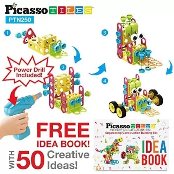 imagePicassoTiles 152 Pieces Building Block Set Kid Toy STEM Construction Sensory Toys Gifts Engineering Kit Educational wIdea Book Design Guide Storage Carry Box Power Drill Ratchet Age 3 PTN152250pc