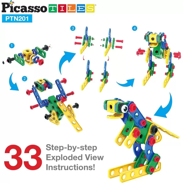 imagePicassoTiles 152 Pieces Building Block Set Kid Toy STEM Construction Sensory Toys Gifts Engineering Kit Educational wIdea Book Design Guide Storage Carry Box Power Drill Ratchet Age 3 PTN152201PC w Bin