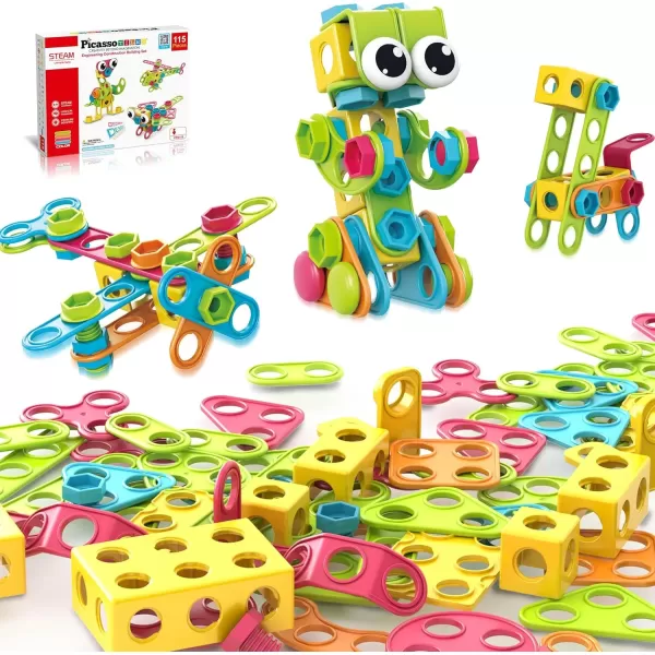 imagePicassoTiles 152 Pieces Building Block Set Kid Toy STEM Construction Sensory Toys Gifts Engineering Kit Educational wIdea Book Design Guide Storage Carry Box Power Drill Ratchet Age 3 PTN152115pc
