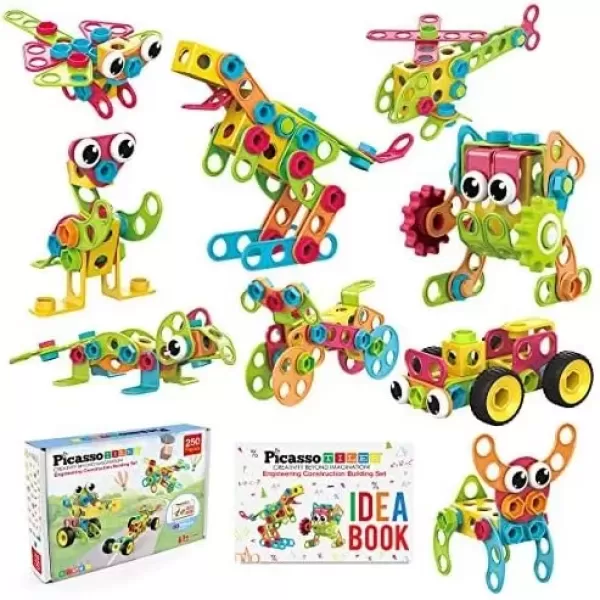 imagePicassoTiles 152 Pieces Building Block Set Kid Toy STEM Construction Sensory Toys Gifts Engineering Kit Educational wIdea Book Design Guide Storage Carry Box Power Drill Ratchet Age 3 PTN152250pc