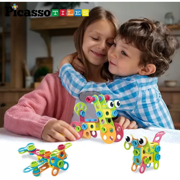 imagePicassoTiles 152 Pieces Building Block Set Kid Toy STEM Construction Sensory Toys Gifts Engineering Kit Educational wIdea Book Design Guide Storage Carry Box Power Drill Ratchet Age 3 PTN152115pc