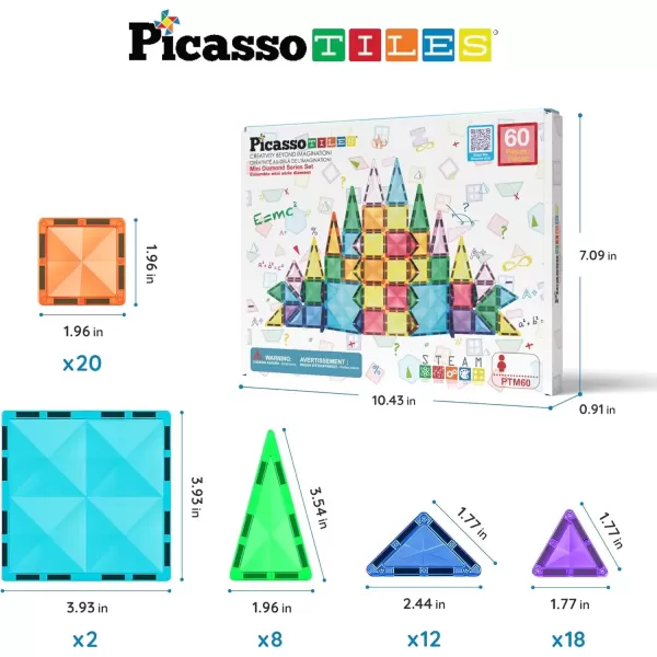 imagePicassoTiles 60 Piece Magnetic Building Block Mini Diamond Series Travel Size OnTheGo Construction Toy Set STEM Learning Kit Educational Playset Child Brain Development Stacking Blocks PTM60