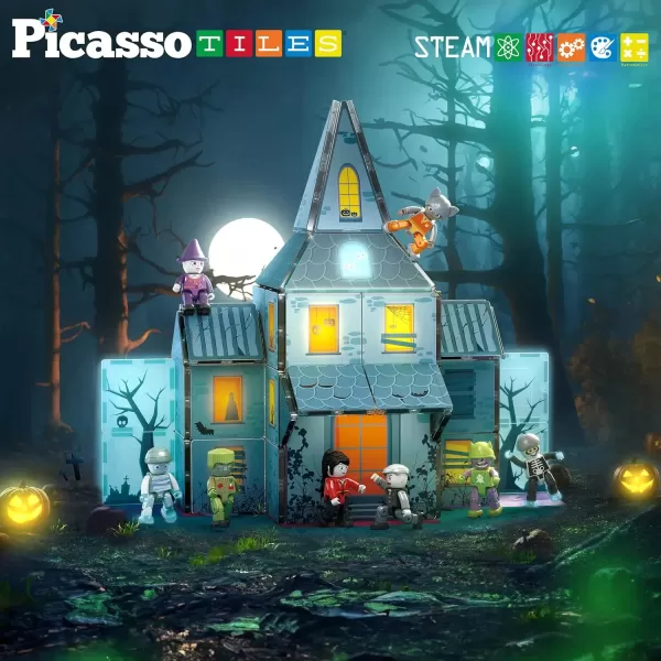 imagePicassoTiles Haunted House Theme Magnet Tile Building Blocks 8 Action Figures Magnetic Construction Toy Double Sided Printing Education STEM Learning Playset Halloween Adventure Kid Ages 3 PTQ03