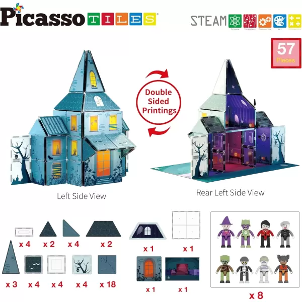 imagePicassoTiles Haunted House Theme Magnet Tile Building Blocks 8 Action Figures Magnetic Construction Toy Double Sided Printing Education STEM Learning Playset Halloween Adventure Kid Ages 3 PTQ03