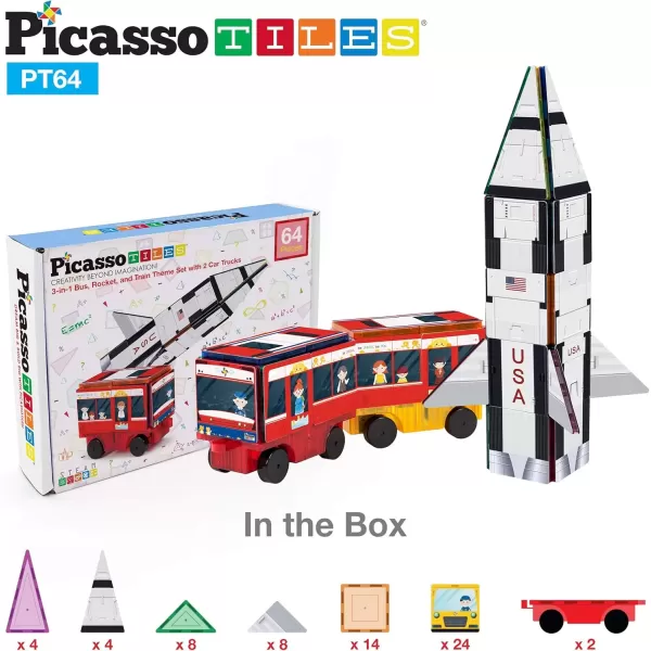 imagePicassoTiles Magnet Building Blocks STEM Learning Construction Toy Set Early Education Kit 3in1 Rocket School Bus Train Theme StickOn Puzzle Pretend Play Magnetic Tiles Kids Building Block Toys