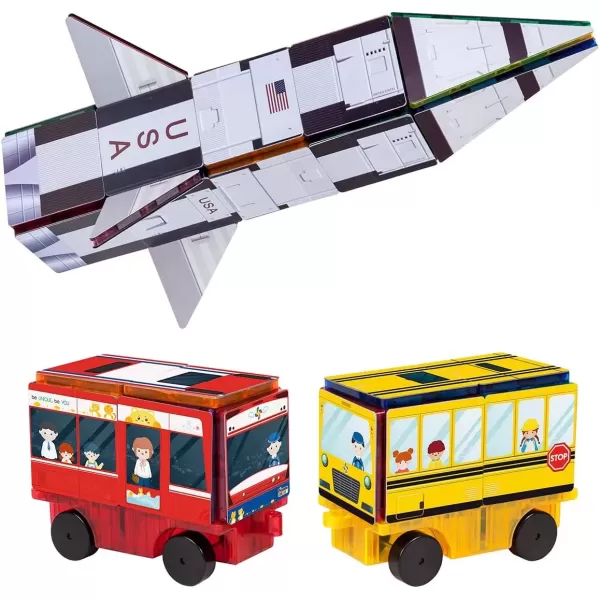 imagePicassoTiles Magnet Building Blocks STEM Learning Construction Toy Set Early Education Kit 3in1 Rocket School Bus Train Theme StickOn Puzzle Pretend Play Magnetic Tiles Kids Building Block Toys