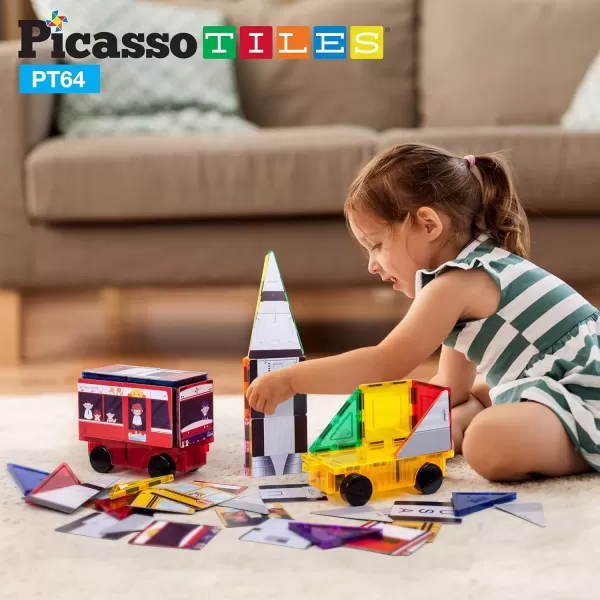 imagePicassoTiles Magnet Building Blocks STEM Learning Construction Toy Set Early Education Kit 3in1 Rocket School Bus Train Theme StickOn Puzzle Pretend Play Magnetic Tiles Kids Building Block Toys