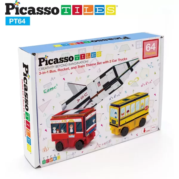imagePicassoTiles Magnet Building Blocks STEM Learning Construction Toy Set Early Education Kit 3in1 Rocket School Bus Train Theme StickOn Puzzle Pretend Play Magnetic Tiles Kids Building Block Toys