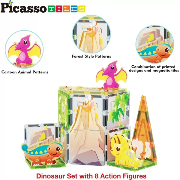 imagePicassoTiles Magnet Tile Building Blocks Dinosaur World Themed Playset with 8 Animal Character Action Figures Magnetic Tiles STEM Learning Pretend Play Toy Construction Set Boys Girls Ages 3 PTQ23