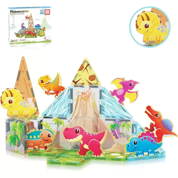 imagePicassoTiles Magnet Tile Building Blocks Dinosaur World Themed Playset with 8 Animal Character Action Figures Magnetic Tiles STEM Learning Pretend Play Toy Construction Set Boys Girls Ages 3 PTQ23