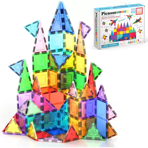imagePicassoTiles Magnetic Tiles 60pcs Kids Toys Classroom Sensory Toy for Toddlers STEM Learning Building Blocks Montessori Pretend Play Magnet Tile Construction Stacking Block Boys Girls Ages 3 PT60
