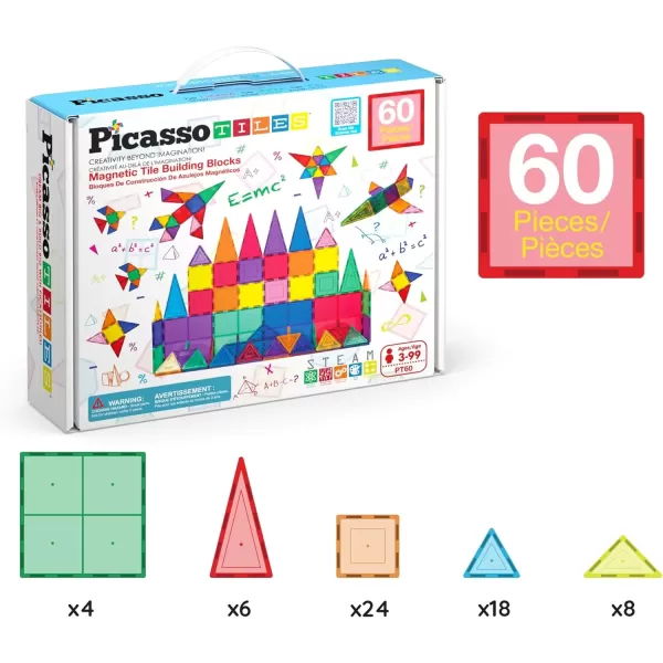 imagePicassoTiles Magnetic Tiles 60pcs Kids Toys Classroom Sensory Toy for Toddlers STEM Learning Building Blocks Montessori Pretend Play Magnet Tile Construction Stacking Block Boys Girls Ages 3 PT60