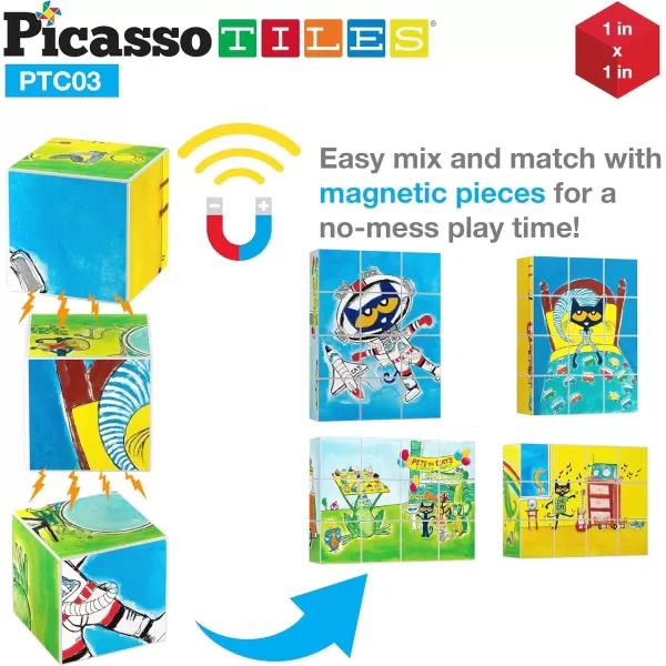 imagePicassoTiles Pete the Cat Magnet Puzzle Building Block Cubes 6 Cartoon Themed Brain Teaser Puzzles Mix and Match Magnetic Playset STEM Educational Toy Set Preschool Sensory Toys Toddlers Ages 3 PTC03