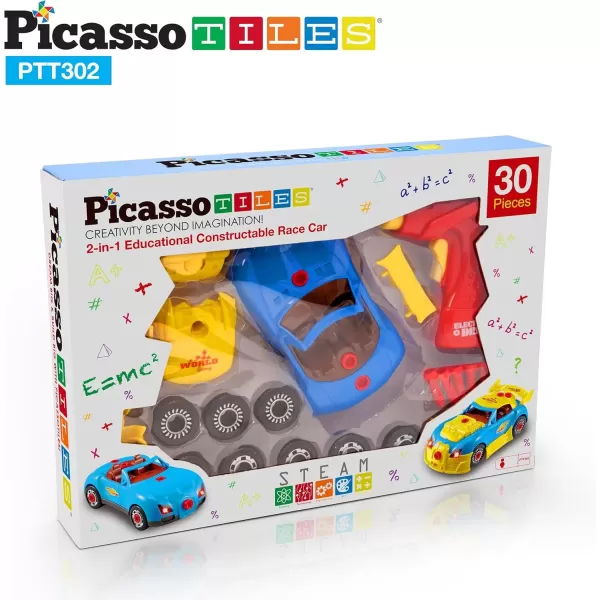 imagePicassoTiles TakeAPart Race Car Set with LED Engine Sound Mini Electric Power Tool Reversible Drill Screws Included PTT302 2in1 DIY Construction Build Your Own 30pc Racing Car STEAM Kit
