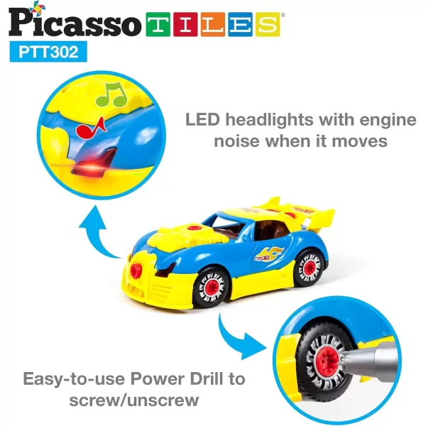 imagePicassoTiles TakeAPart Race Car Set with LED Engine Sound Mini Electric Power Tool Reversible Drill Screws Included PTT302 2in1 DIY Construction Build Your Own 30pc Racing Car STEAM Kit
