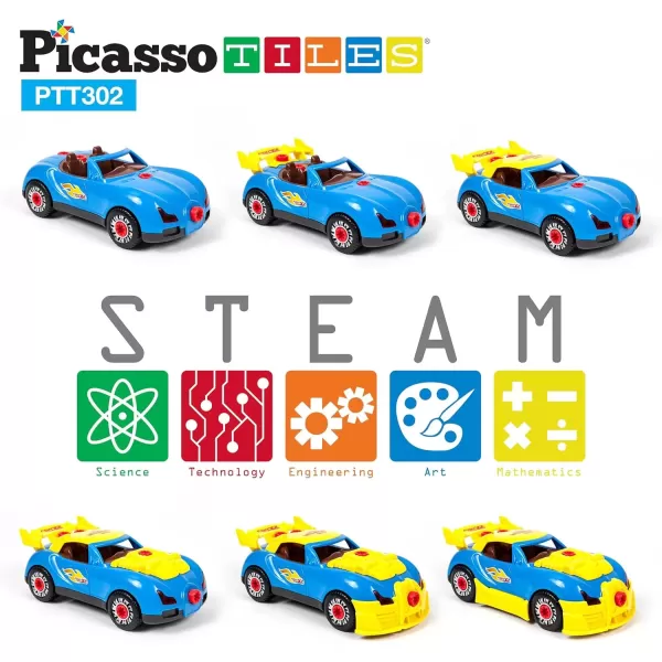 imagePicassoTiles TakeAPart Race Car Set with LED Engine Sound Mini Electric Power Tool Reversible Drill Screws Included PTT302 2in1 DIY Construction Build Your Own 30pc Racing Car STEAM Kit