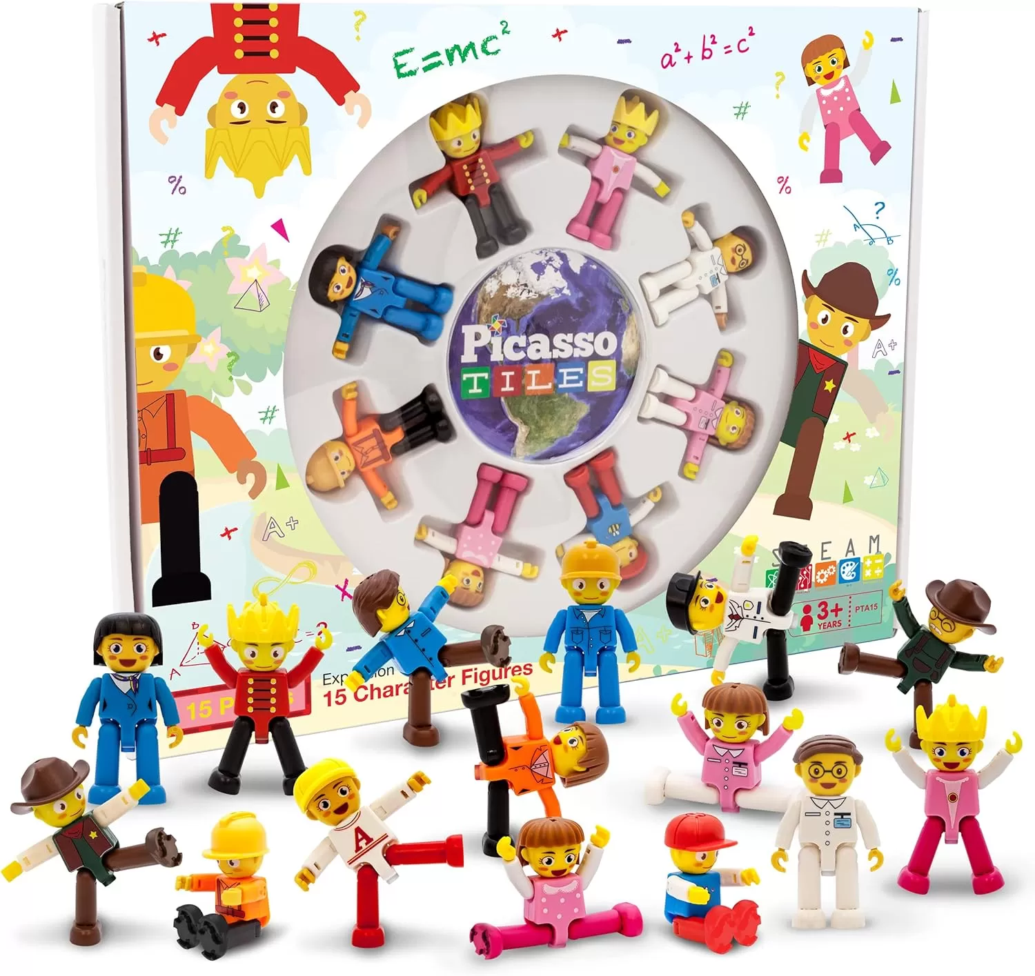 imagePicassoTiles Magnetic Figures 5 Piece Vehicle and Action Figure Set Including School Bus Car Truck and 2 Drivers Magnet Expansion Pack Toddler Toy Kit Pretend Playset for Construction Building Block15 Characters