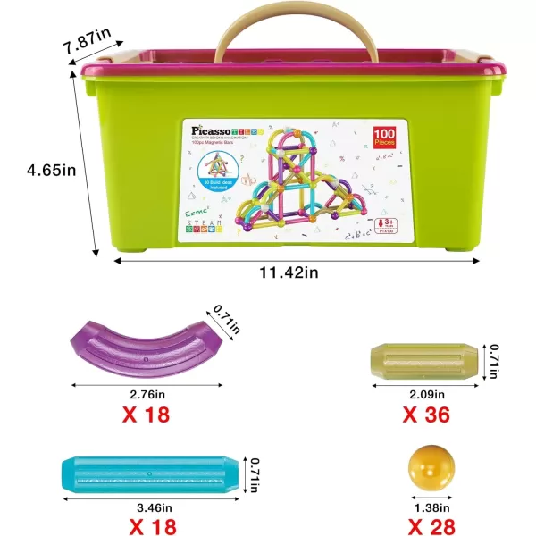 imagePicassoTiles 100 PCs Magnetic Building Stick Block Construction Set with Storage Bin Colorful STEM Toy Blocks Bar Balls ampamp Rods Montessori Educational for All Ages Puzzle Toy for Boys ampamp Girls PTX100PTX100