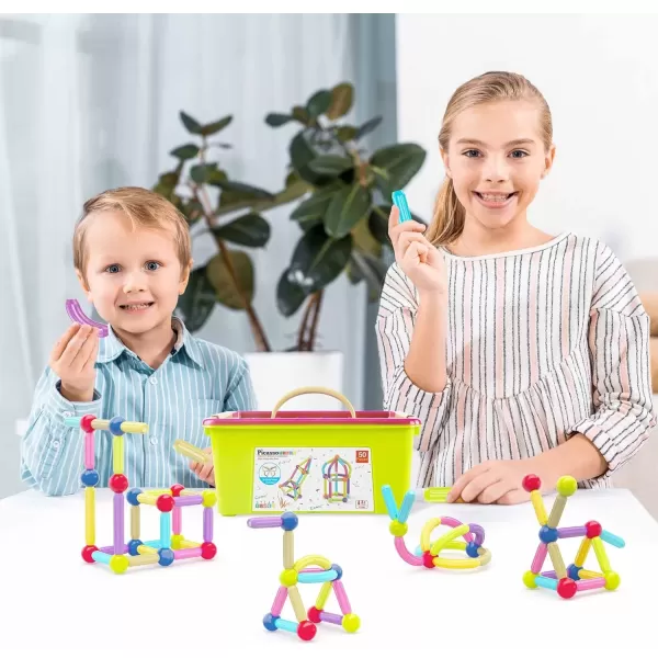 imagePicassoTiles 100 PCs Magnetic Building Stick Block Construction Set with Storage Bin Colorful STEM Toy Blocks Bar Balls ampamp Rods Montessori Educational for All Ages Puzzle Toy for Boys ampamp Girls PTX100PTX50