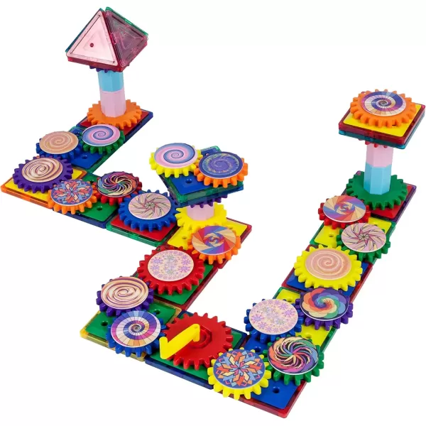 imagePicassoTiles 101 Master Builder Magnetic Building Block Toy Set Construction Magnet Tile Blocks Education Toys with 22 Optical Illusion Spinning Disk 27 Gear Wheels and Engineering Columns PTW101