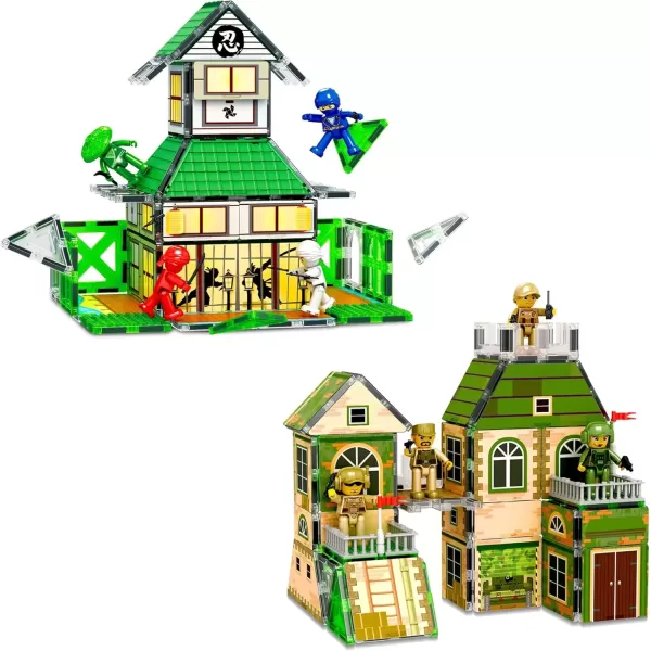imagePicassoTiles 102pc Magnet Tile Building Block Ninja ampamp Troop Theme Double Sided Printings 2in1 with 8 Character Figures Magnetic Tiles Construction Playset Fine Motor Skill STEM Educational Age3 PTQ02