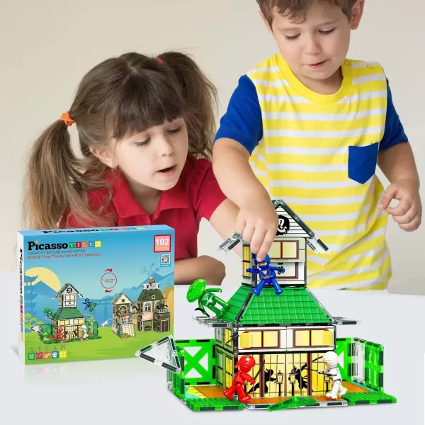 imagePicassoTiles 102pc Magnet Tile Building Block Ninja ampamp Troop Theme Double Sided Printings 2in1 with 8 Character Figures Magnetic Tiles Construction Playset Fine Motor Skill STEM Educational Age3 PTQ02