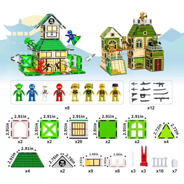 imagePicassoTiles 102pc Magnet Tile Building Block Ninja ampamp Troop Theme Double Sided Printings 2in1 with 8 Character Figures Magnetic Tiles Construction Playset Fine Motor Skill STEM Educational Age3 PTQ02