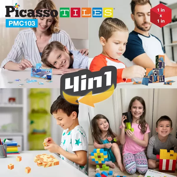 imagePicassoTiles 103 Pieces 1quot Magnetic Toy Building Block Cubes Building Block 3D Cube Construction Cubes Magnet Sensory Toys Gifts Educational with Free Idea Book for Kid Boy Girl ampamp Toddler PMC103