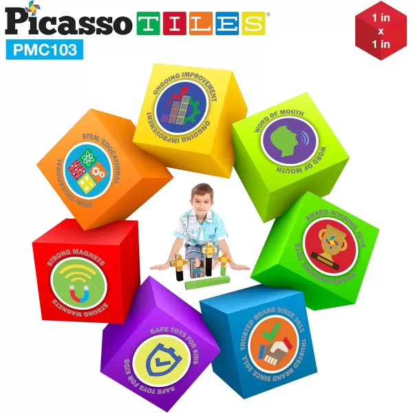 imagePicassoTiles 103 Pieces 1quot Magnetic Toy Building Block Cubes Building Block 3D Cube Construction Cubes Magnet Sensory Toys Gifts Educational with Free Idea Book for Kid Boy Girl ampamp Toddler PMC103