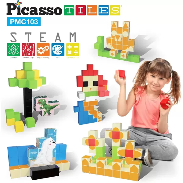 imagePicassoTiles 103 Pieces 1quot Magnetic Toy Building Block Cubes Building Block 3D Cube Construction Cubes Magnet Sensory Toys Gifts Educational with Free Idea Book for Kid Boy Girl ampamp Toddler PMC103