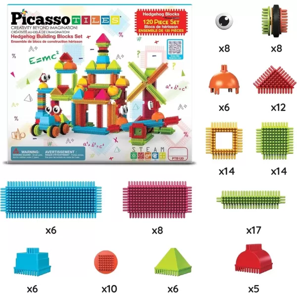 imagePicassoTiles 120pcs Hedgehog Interlocking Building Blocks Tiles Construction Toy Set Learning Playset STEAM Development Preschool Kindergarten Toy for Kids Age3 PTB120120 pcs