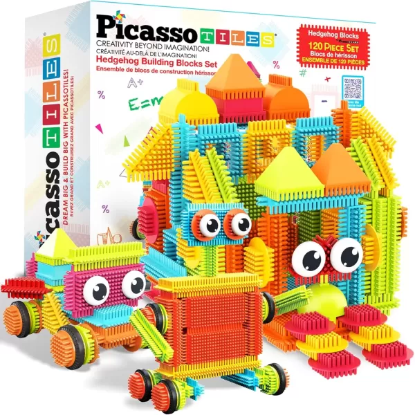 imagePicassoTiles 120pcs Hedgehog Interlocking Building Blocks Tiles Construction Toy Set Learning Playset STEAM Development Preschool Kindergarten Toy for Kids Age3 PTB120120 pcs