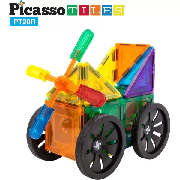 imagePicassoTiles 20 Piece Magnetic Building Blocks with Detachable Wheels and Windmill Clickin Inserts Magnet Construction Toy Car Set STEM Learning Kit Educational Playset Child Brain Development PT20R
