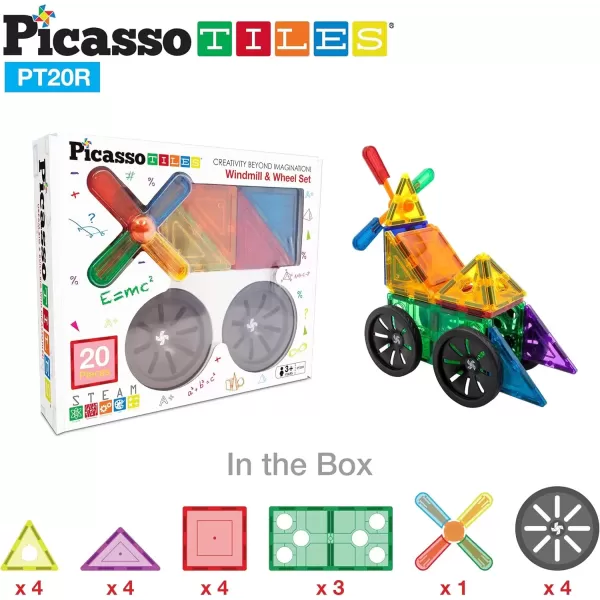 imagePicassoTiles 20 Piece Magnetic Building Blocks with Detachable Wheels and Windmill Clickin Inserts Magnet Construction Toy Car Set STEM Learning Kit Educational Playset Child Brain Development PT20R