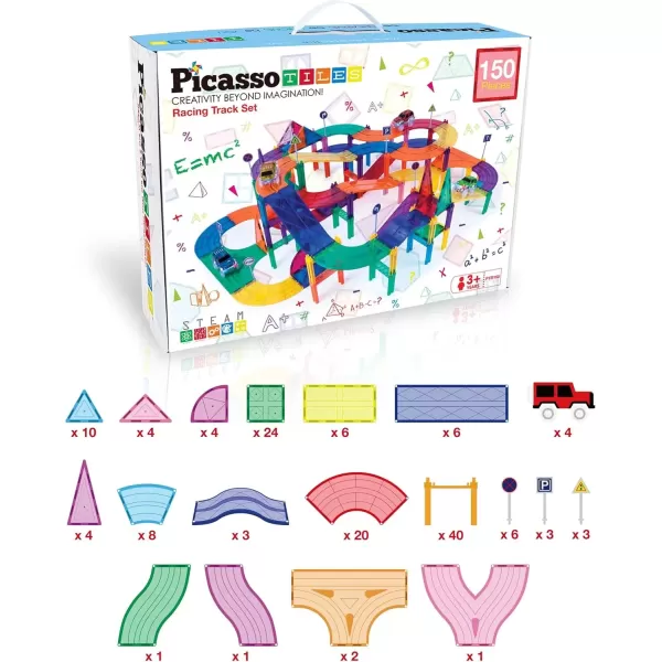 imagePicassoTiles 50 Piece Race Car Track Building Block Educational Toy Set Magnetic Tiles Magnet DIY Playset 2 Light Up STEM Learning Construction Kit HandEye Coordination Fine Motor Skill Training150 Piece Race Car