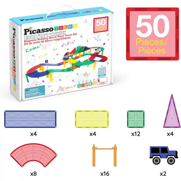 imagePicassoTiles 50 Piece Race Car Track Building Block Educational Toy Set Magnetic Tiles Magnet DIY Playset 2 Light Up STEM Learning Construction Kit HandEye Coordination Fine Motor Skill Training50 Piece Race Car