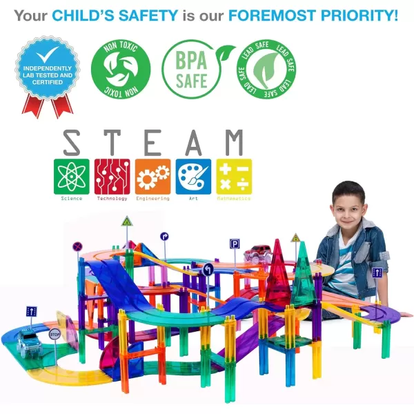 imagePicassoTiles 50 Piece Race Car Track Building Block Educational Toy Set Magnetic Tiles Magnet DIY Playset 2 Light Up STEM Learning Construction Kit HandEye Coordination Fine Motor Skill Training150 Piece Race Car