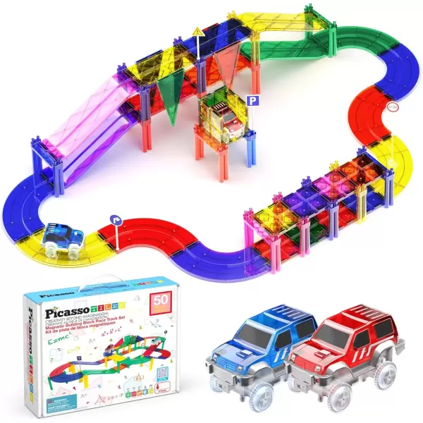 imagePicassoTiles 50 Piece Race Car Track Building Block Educational Toy Set Magnetic Tiles Magnet DIY Playset 2 Light Up STEM Learning Construction Kit HandEye Coordination Fine Motor Skill Training50 Piece Race Car