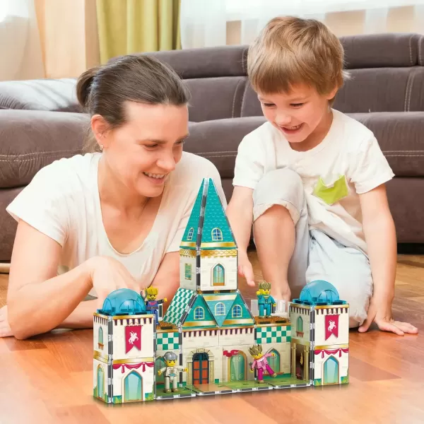 imagePicassoTiles 70pc Middle Age Medieval and Castle Theme Tile 2in1 8 Character Action Figures Magnet Tiles Building Block Pretend Magnetic Play Fine Motor Skill STEM Educational Construction Age3 PTQ01