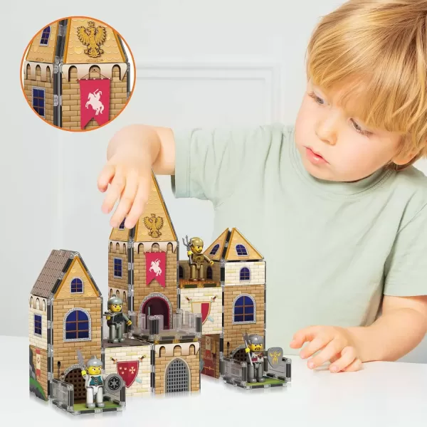 imagePicassoTiles 70pc Middle Age Medieval and Castle Theme Tile 2in1 8 Character Action Figures Magnet Tiles Building Block Pretend Magnetic Play Fine Motor Skill STEM Educational Construction Age3 PTQ01
