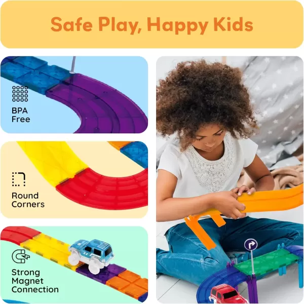 imagePicassoTiles 80 Piece Race Car Track Building Block Educational Toy Set Magnetic Tiles Magnet DIY Playset 2 Light Up Car STEM Learning Construction Kit HandEye Coordination Fine Motor Skill TrainingPTR80