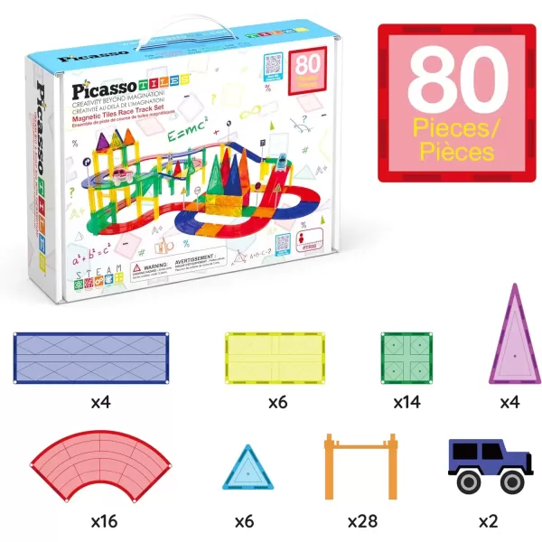 imagePicassoTiles 80 Piece Race Car Track Building Block Educational Toy Set Magnetic Tiles Magnet DIY Playset 2 Light Up Car STEM Learning Construction Kit HandEye Coordination Fine Motor Skill TrainingPTR80
