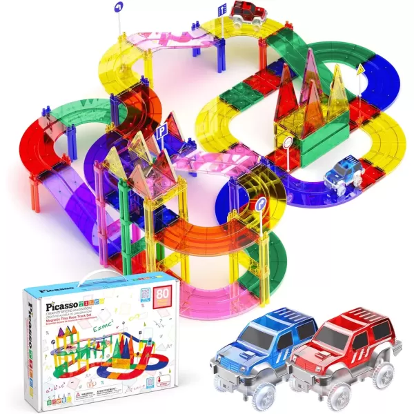 imagePicassoTiles 80 Piece Race Car Track Building Block Educational Toy Set Magnetic Tiles Magnet DIY Playset 2 Light Up Car STEM Learning Construction Kit HandEye Coordination Fine Motor Skill TrainingPTR80