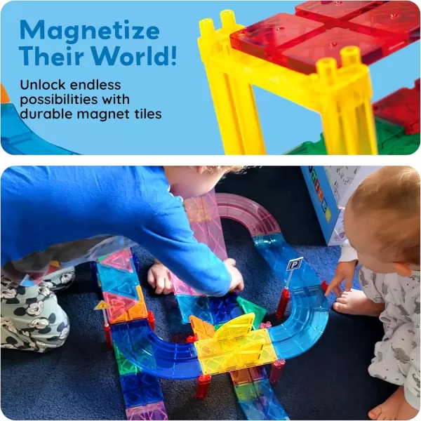 imagePicassoTiles 80 Piece Race Car Track Building Block Educational Toy Set Magnetic Tiles Magnet DIY Playset 2 Light Up Car STEM Learning Construction Kit HandEye Coordination Fine Motor Skill TrainingPTR80
