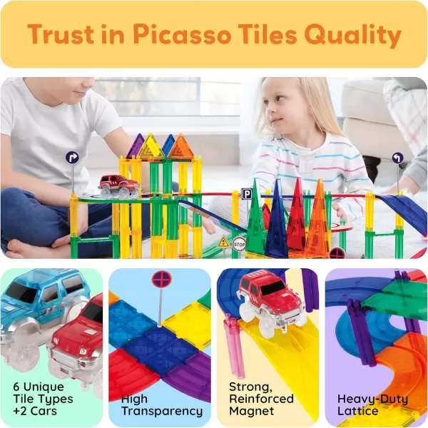 imagePicassoTiles 80 Piece Race Car Track Building Block Educational Toy Set Magnetic Tiles Magnet DIY Playset 2 Light Up Car STEM Learning Construction Kit HandEye Coordination Fine Motor Skill TrainingPTR80