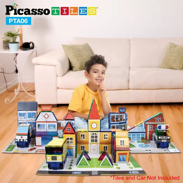imagePicassoTiles 80pc School Hospital Police Station 3in1 Theme Magnet Self Adhesive Backing StickOn Puzzle Graphic Kit and Overlay Maps for Magnetic Building Blocks STEM Learning Construction Toy