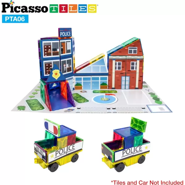imagePicassoTiles 80pc School Hospital Police Station 3in1 Theme Magnet Self Adhesive Backing StickOn Puzzle Graphic Kit and Overlay Maps for Magnetic Building Blocks STEM Learning Construction Toy